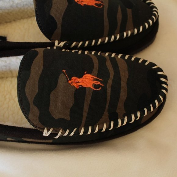NIB POLO RALPH LAUREN MEN\'S CAMOUFLAGE GREEN ORANGE SLIPPERS‎ main image 4